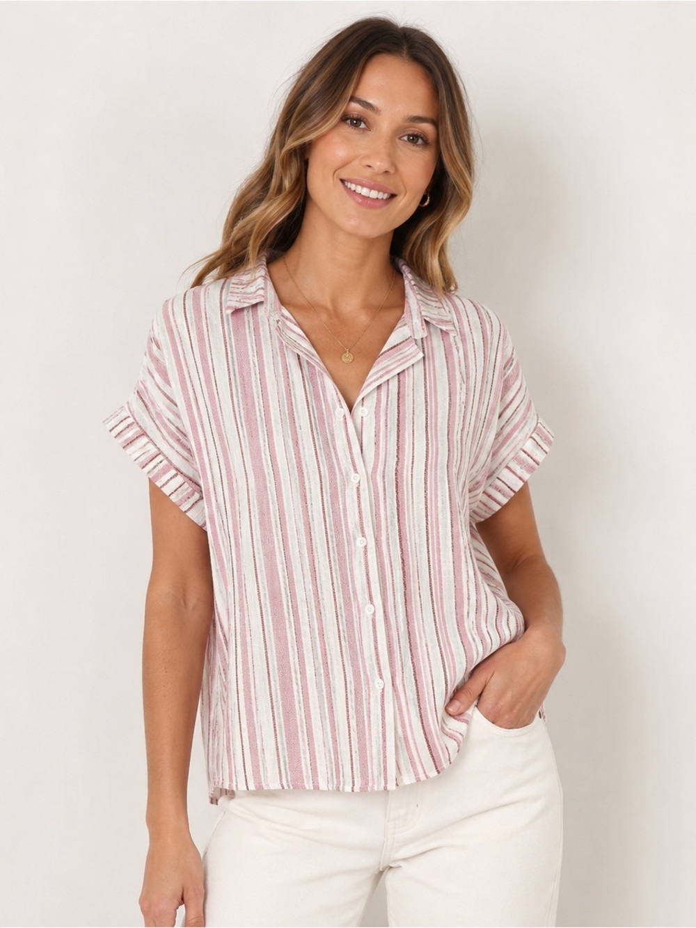 Linen Blend Striped Button Front Blouse Women’s L Pink White Relaxed Fit